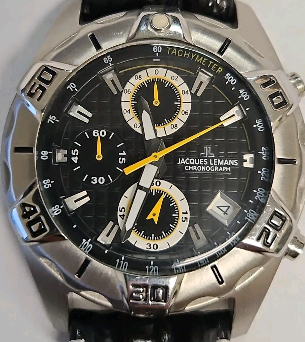 Jacques Lemans Men’s Watch 1-1350 Chronograph 42mm, New Battery, Genuine Leather