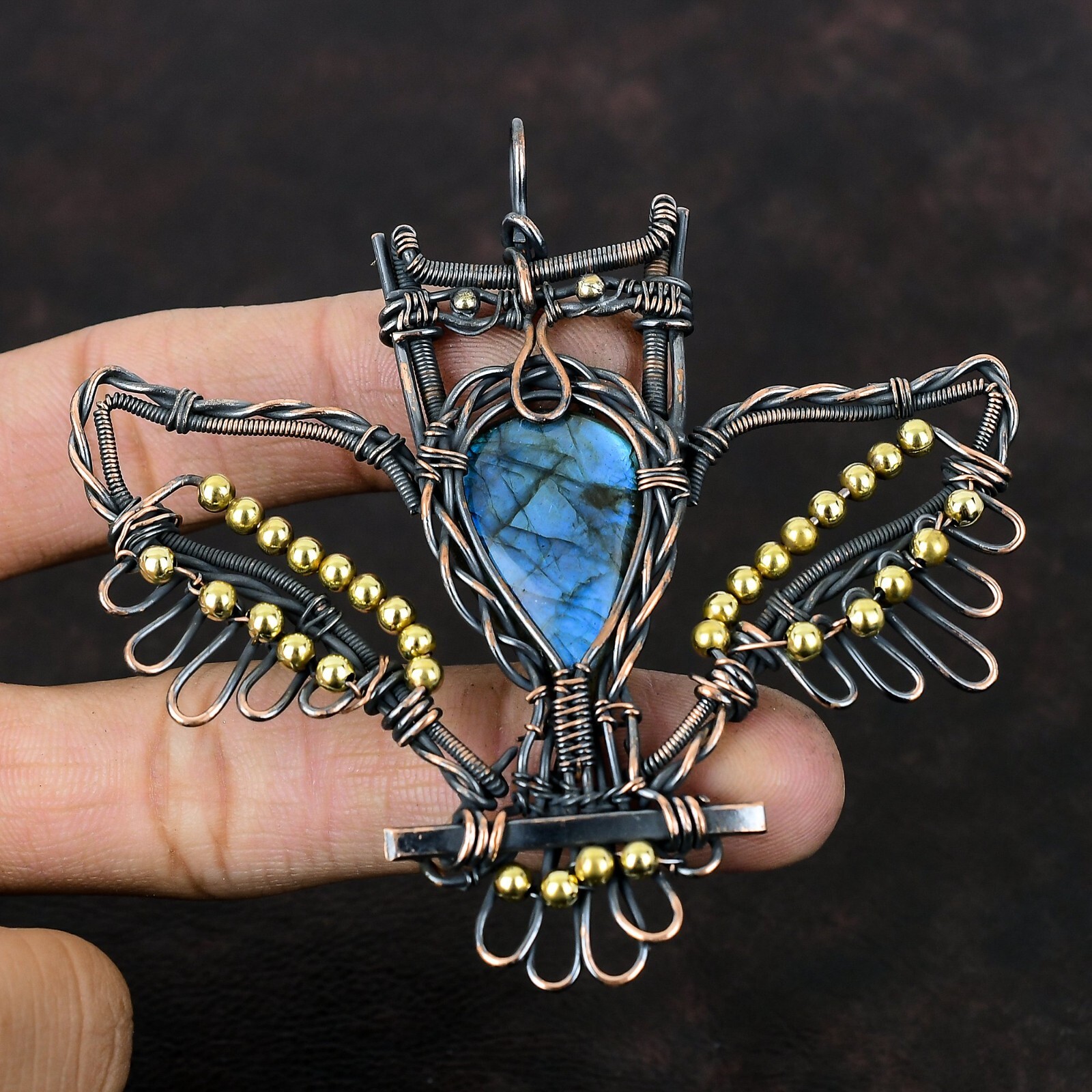 Labradorite Jewelry Copper Gift For Mother Wire Wrapped Owl Pendant 3.31″