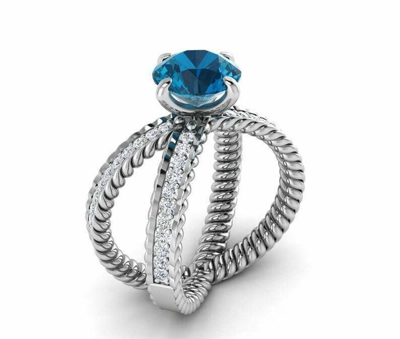 2ct Natural London Topaz Braided Open Split Shank Ring 14K White Gold Plated