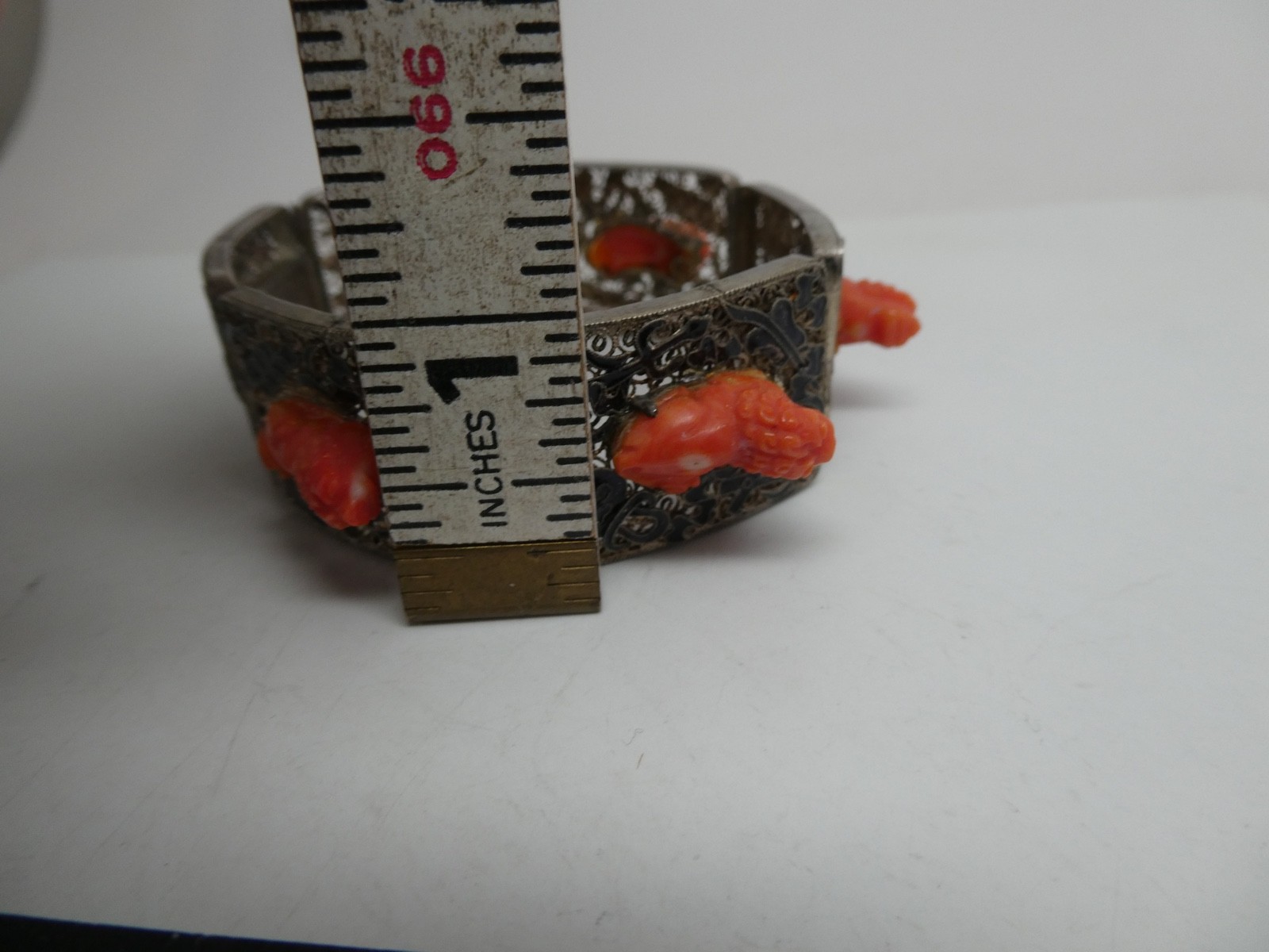 Vintage Chinese Export RARE Coral Lion Enamel Gilded Silver Bracelet Size 6.5″