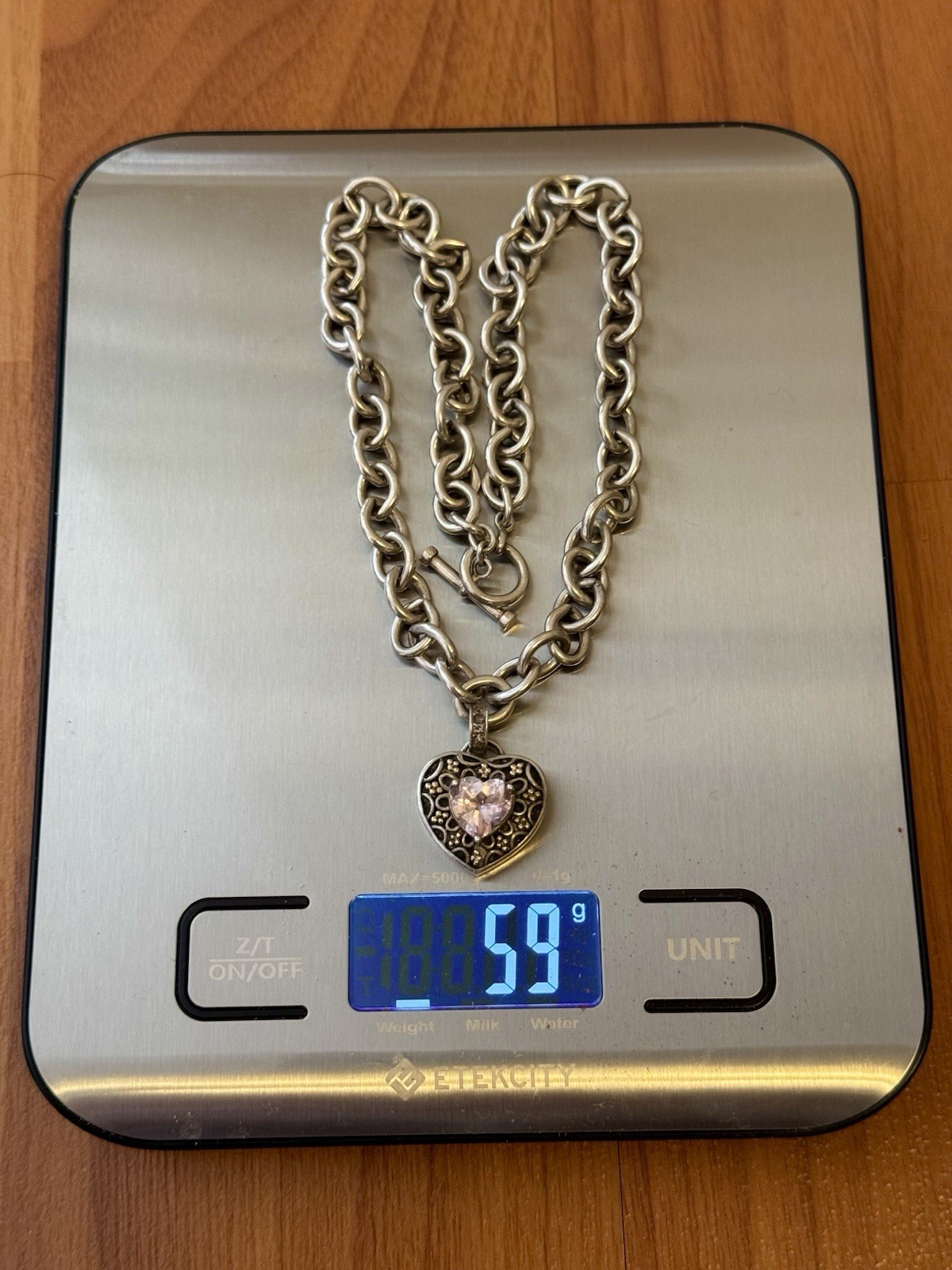 Sadye L. Vassil 14k Gold & 925 Sterling Pink Heart Topaz Toggle Necklace 59grams