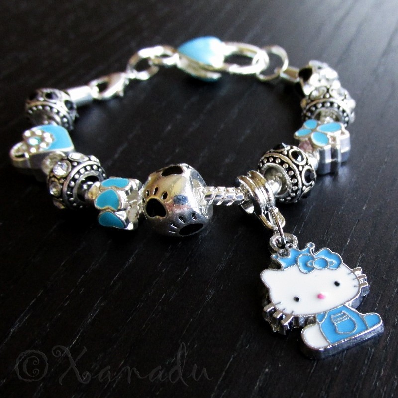 Turquoise Hello Kitty Princess European Charm Bracelet With Blue Butterfly Beads