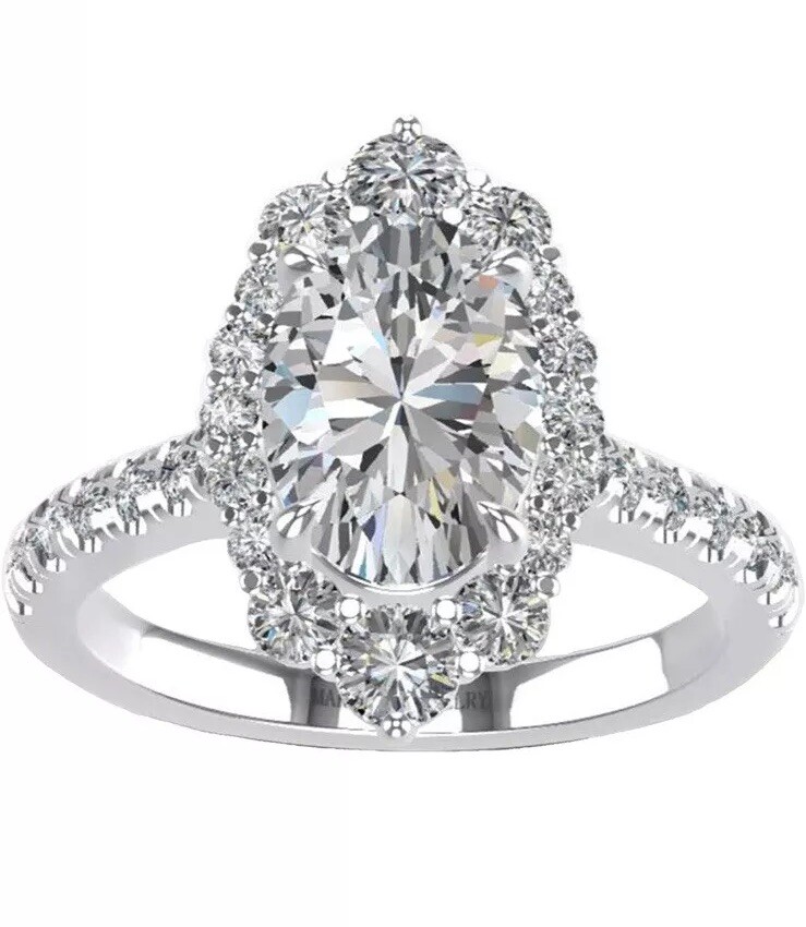 3.ct Oval Cut Moissanite Halo Engagement Ring Sterling 18K White Gold Plated Mar