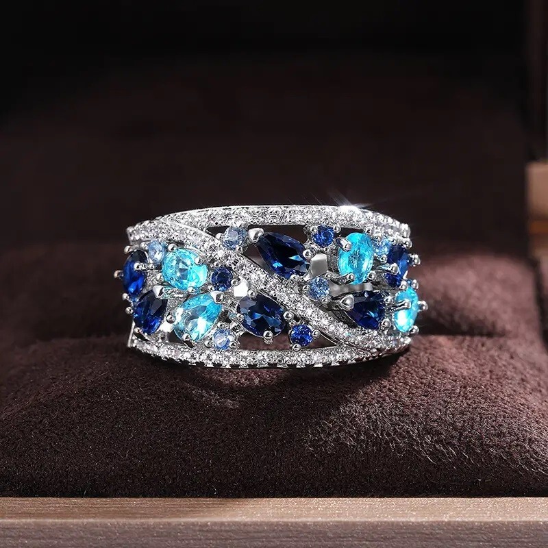 Elegant 925 Sterling Silver Blue White Topaz Wedding Engagement Ring Size 10