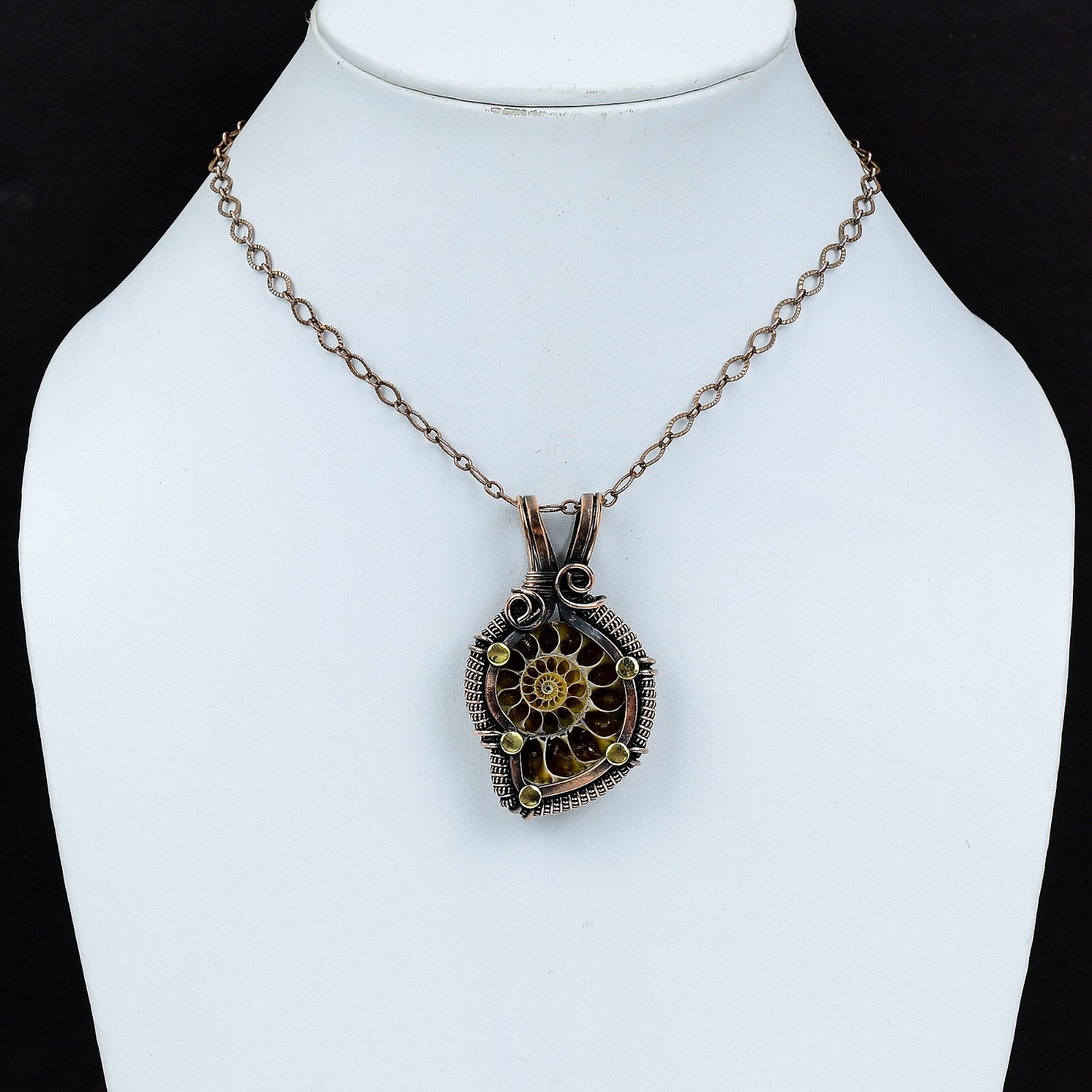 Ammonite Fossil Copper Gift For Bestie Wire Wrapped Pendant 2.36″