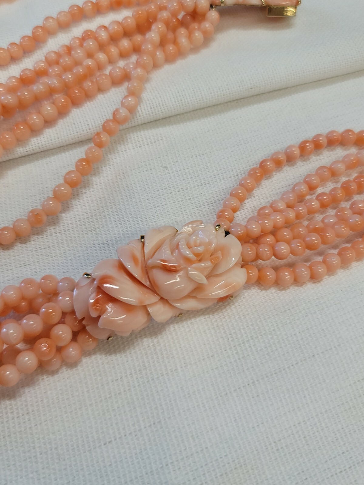 Pink Coral Round Floral Rose 6 Strand Beaded 14K Gold Necklace 114g Angel Skin