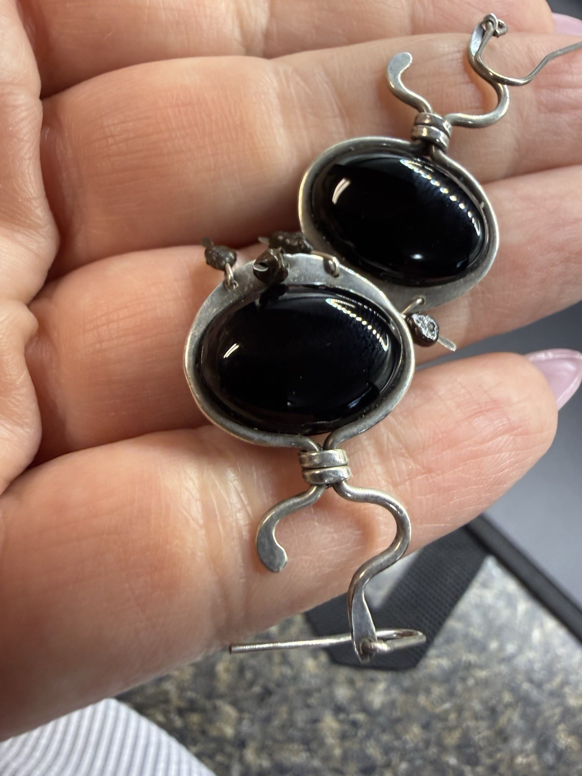 Black Onyx Dangle Ellipse Cabochon Silver Drop Earrings
