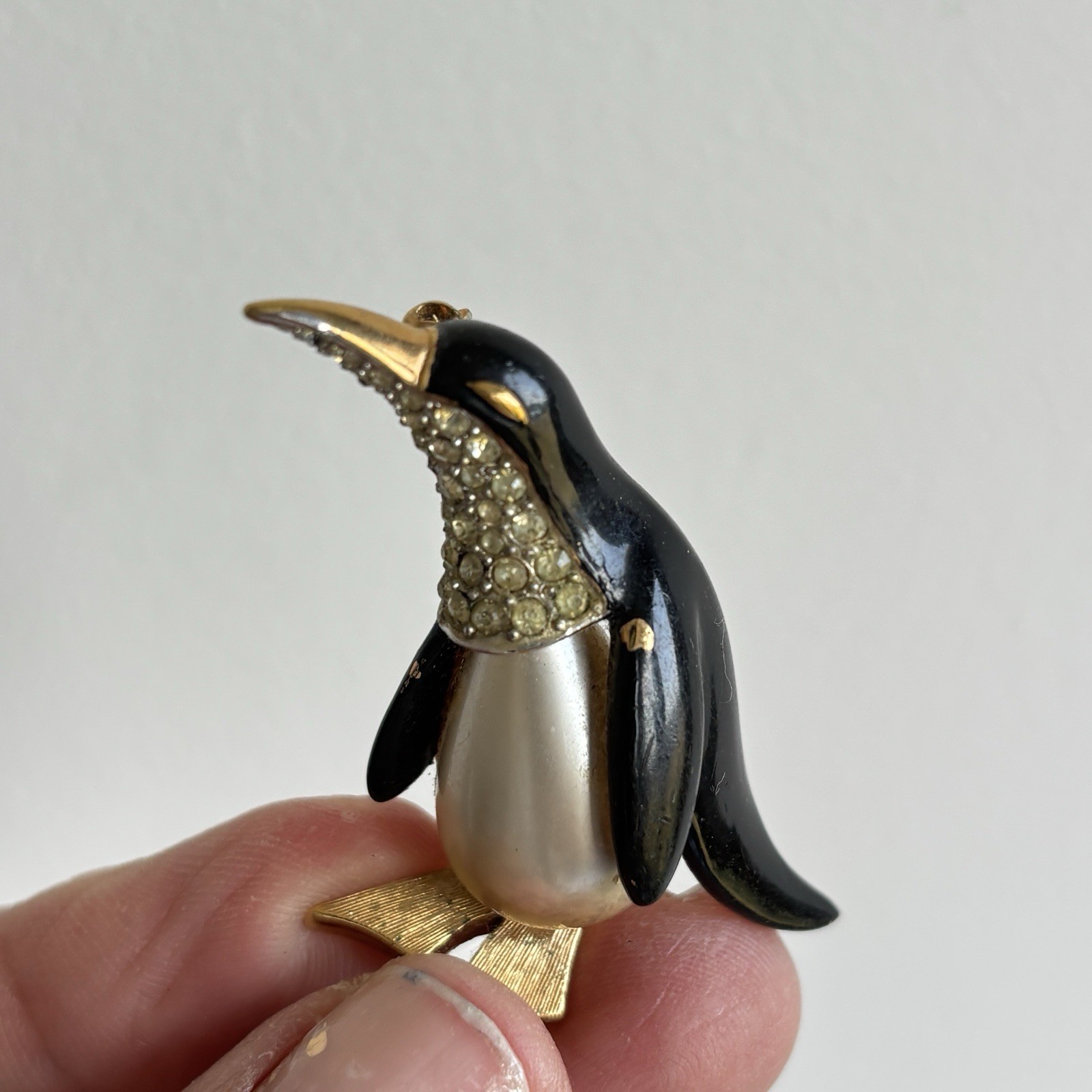 Vtg Marcel Boucher Penguin Brooch Rhinestone Faux Pearl Enamel Figural Pin