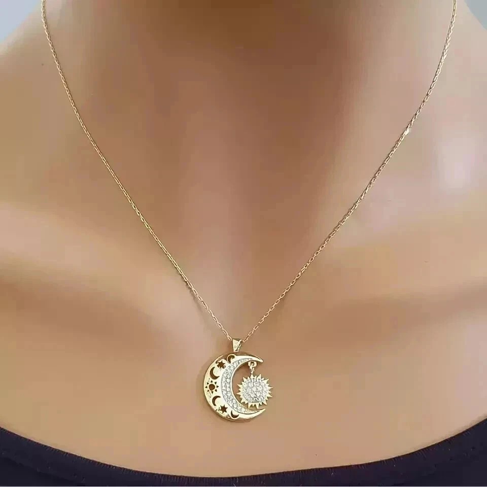 1.20Ct Round Cut Simulated Diamond Moon Sun Shape Pendant 14K Yellow Gold Plated