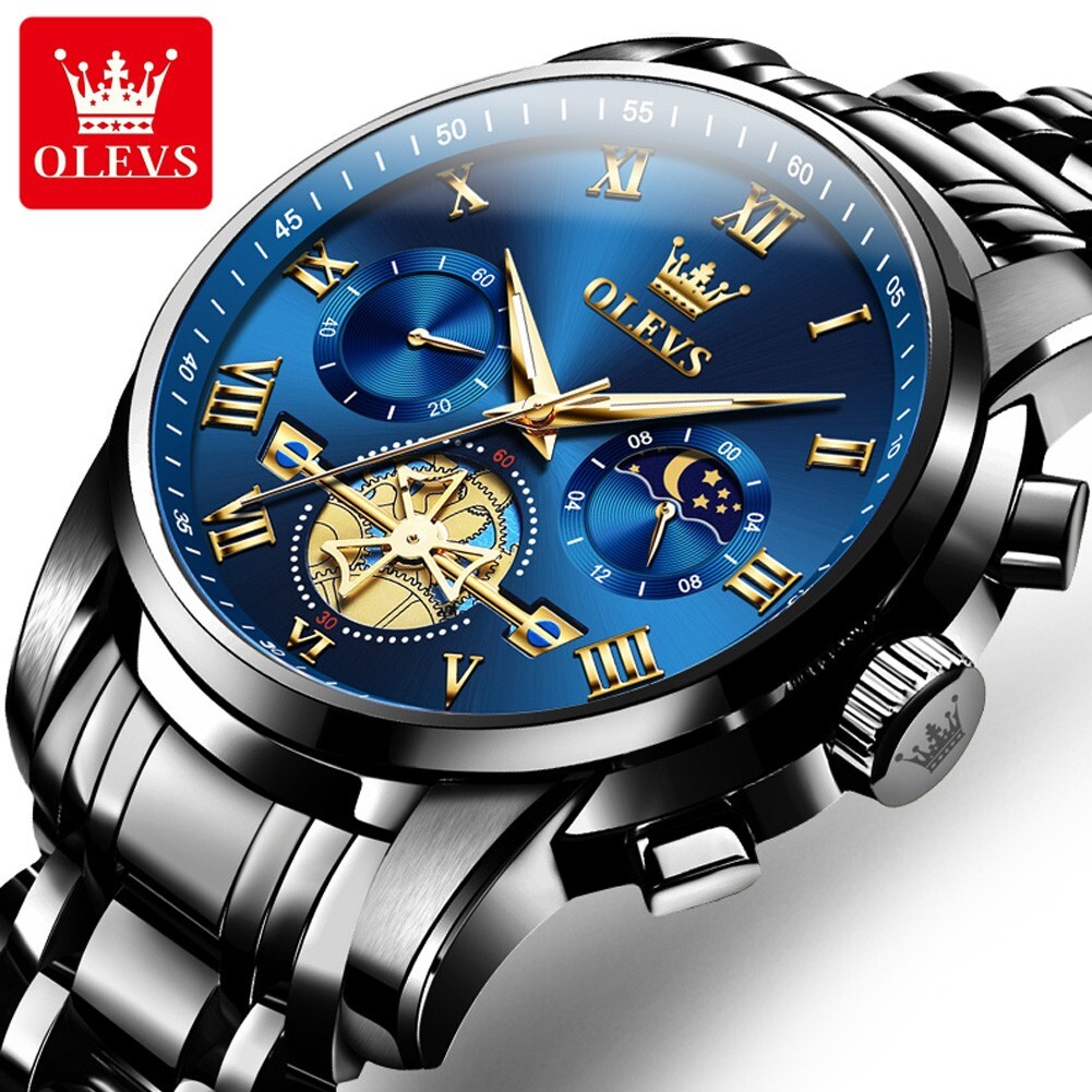 OLEVS Quartz Men’s Watch, Stainless Steel, Chronograph, Waterproof, Moon Phases