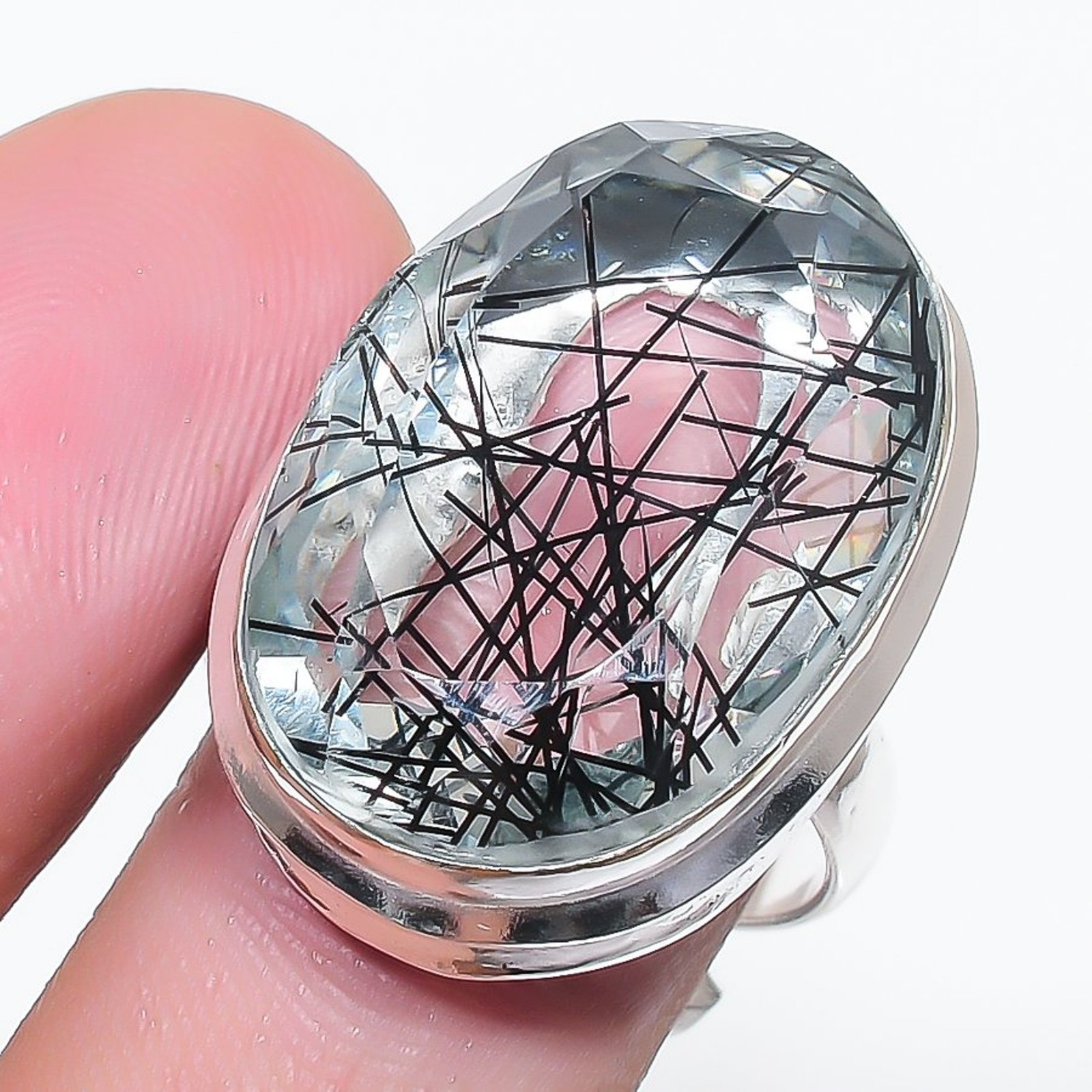 Black Rutile Oval Shape Gemstone Adjustable Ring Statement Handmade Gift Jewelry