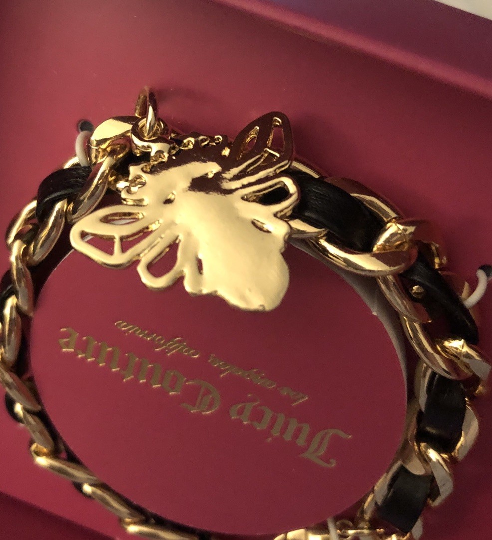 Juicy Couture Gold Tone & Woven Black Faux Leather Charm Bracelet Bee Charm NIB