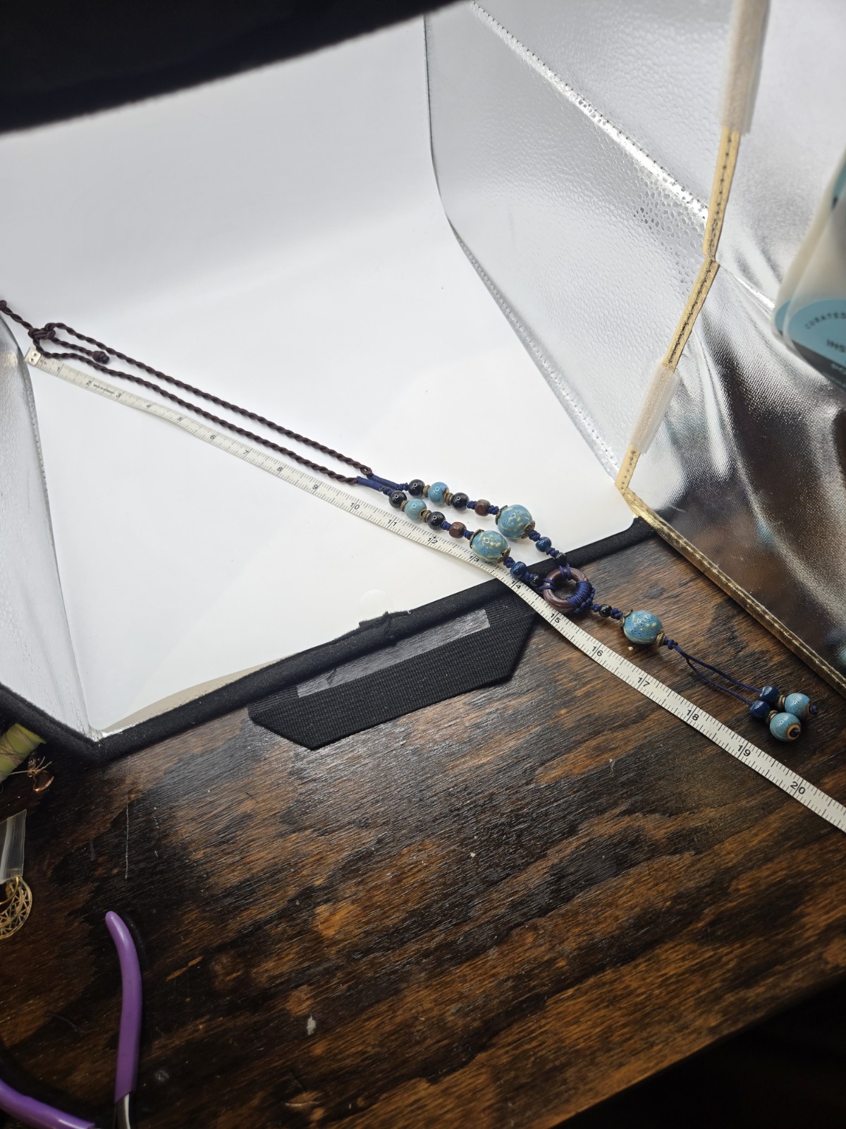 Blue Ceramic Bead Cord Macrame Necklace Chunky Twisted Rope Western VTG Fairy