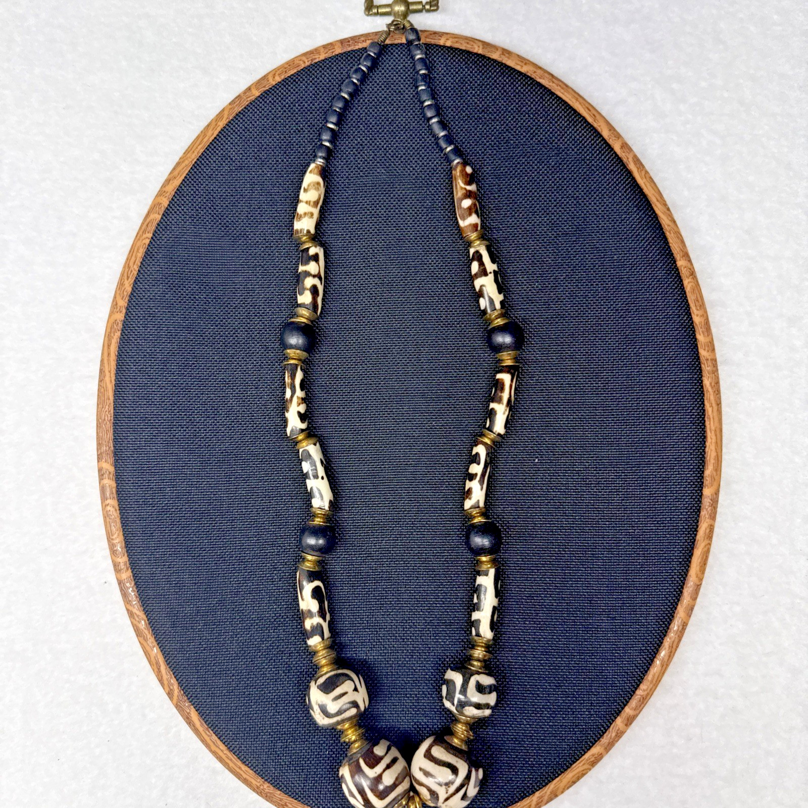 Tribal Wood Beaded Statement Necklace Black Cream Brown Boho Artisan Vintage