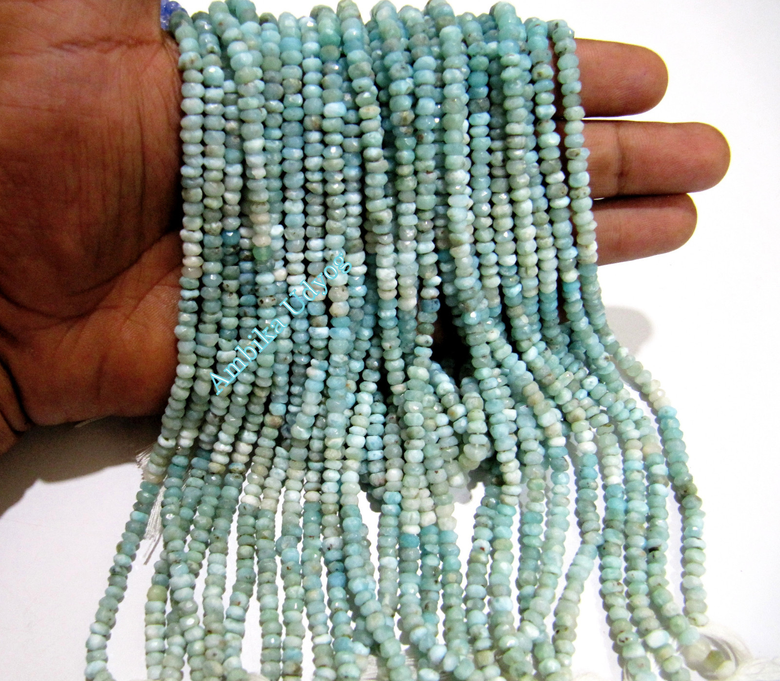 SALE- Natural Larimar Rondelle Faceted Beads 3mm to 4mm, Strand 14 inches long