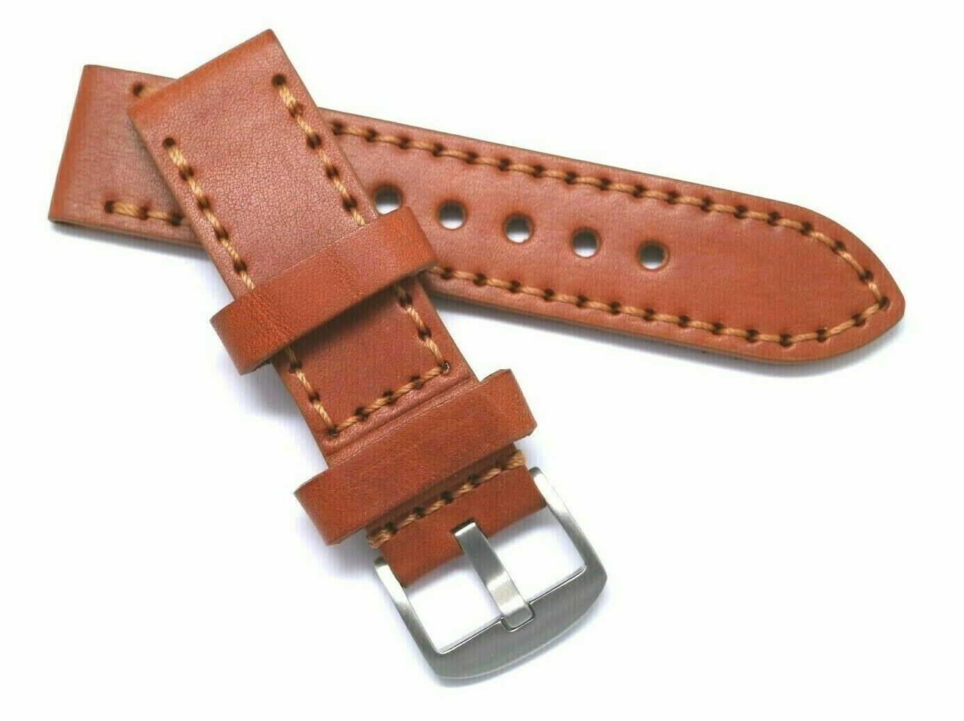 24mm Quality Orange Brown Genuine Leather Watch Band Stainless Matte Buckle