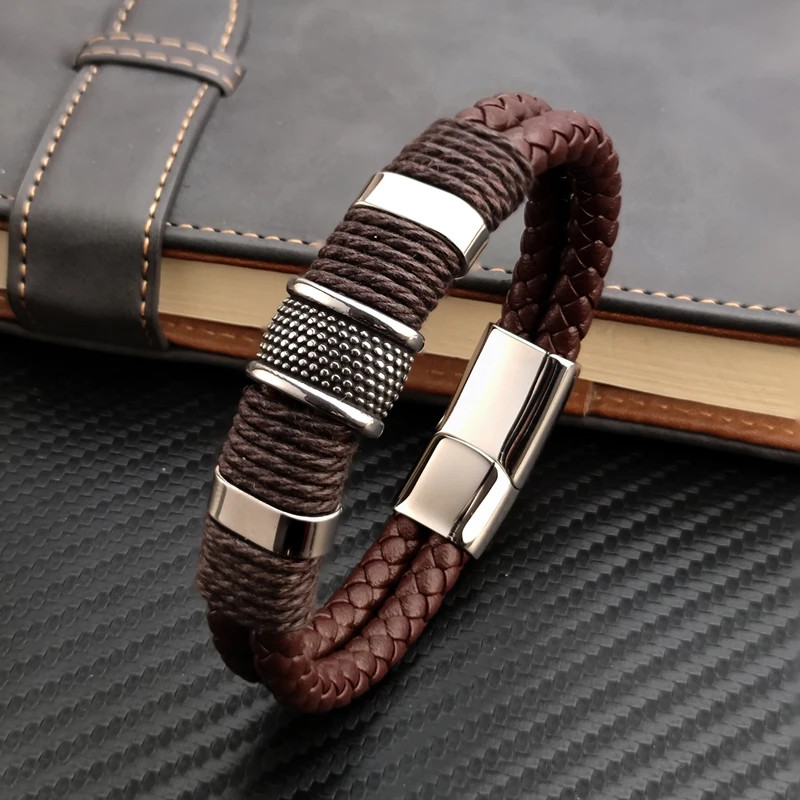PU Leather Bracelet Multilayer Stainless Steel Bead Charm Men Wrist Jewelry
