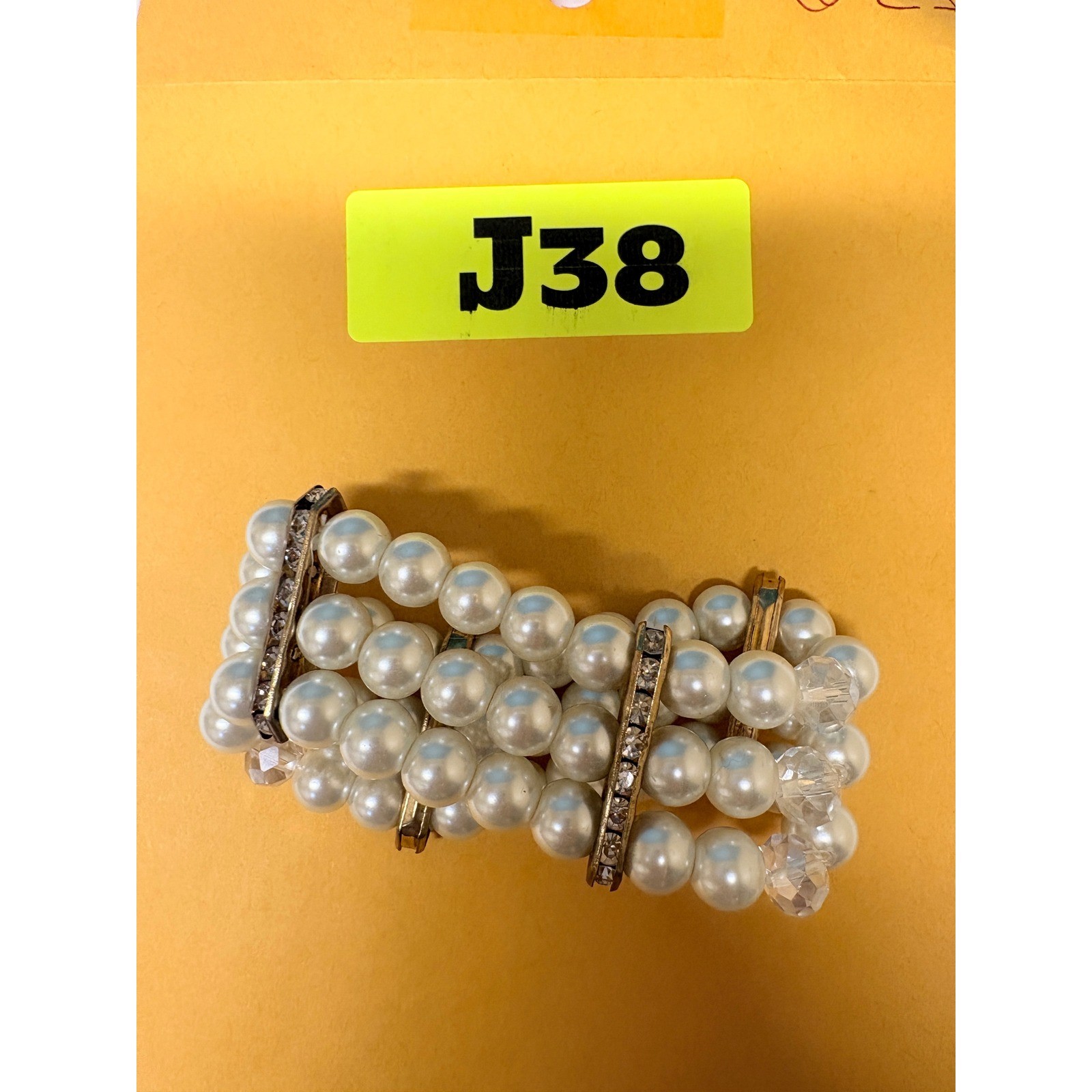 Triple Strand Faux Pearl Stretch Bracelet Gold Tone Rhinestone Cream White