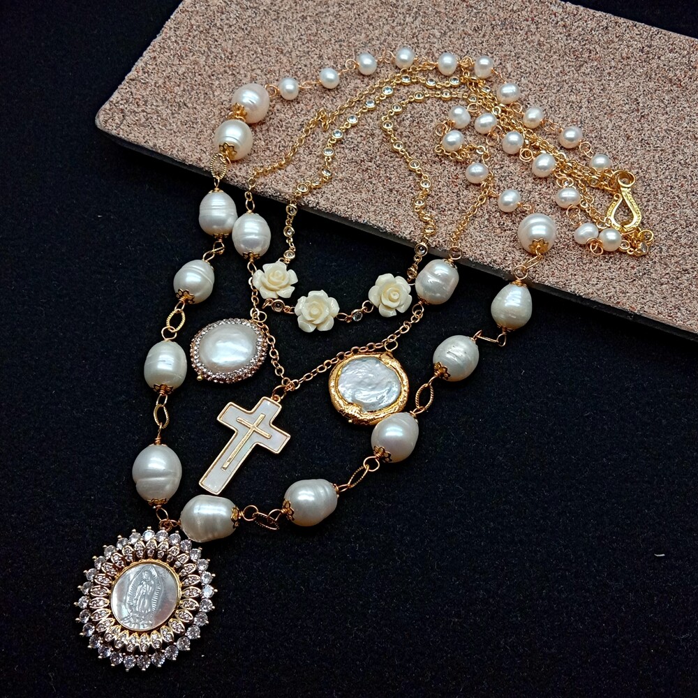 20″ Freshwater White Rice Pearl Gold Plated Chian Layers Necklace Shell Pendant