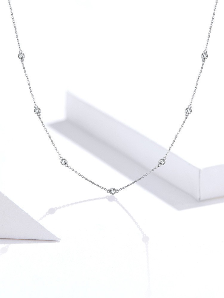 925 Sterling Silver CZ Bezel Station Chain Necklace Dainty for Women