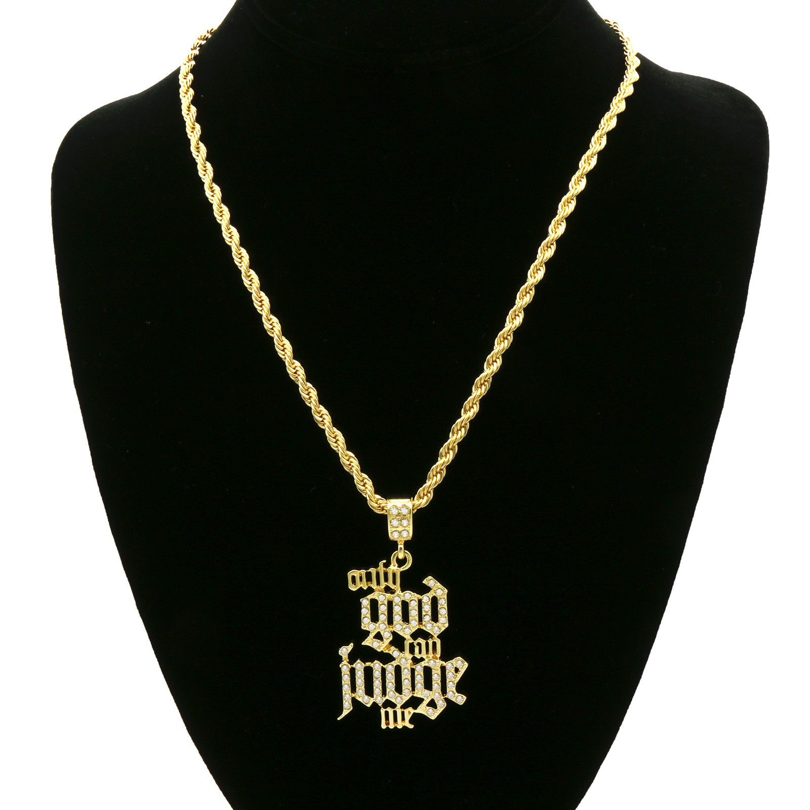 14k Gold Plated Only God Can Judge Me Pendant Cubic-Zirconia 24″ Rope Chain