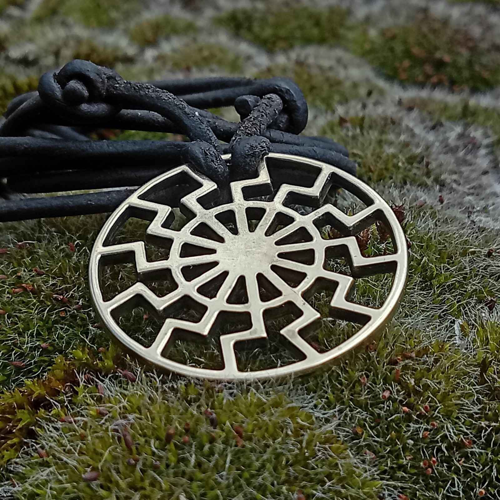 Black Sun Pendant Necklace – Brass Sonnenrad Medallion on Black Cord
