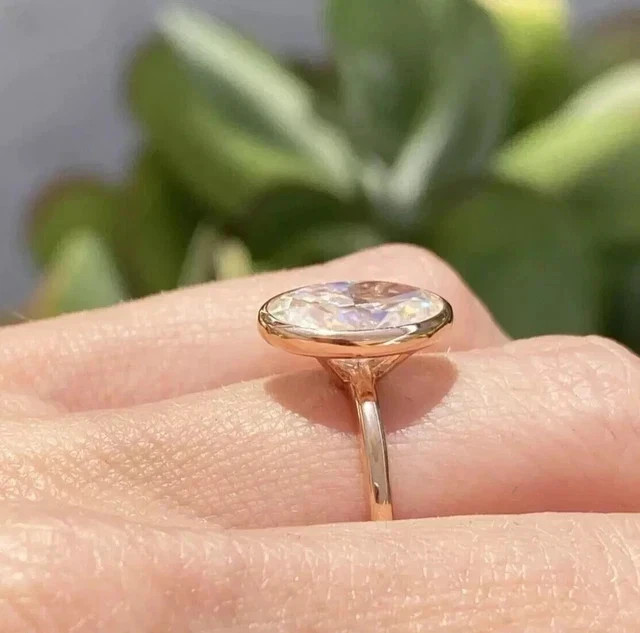 3Ct Oval Cut D/VVS1 Moissanite Bezel Set Engagement Ring 14k Yellow Gold Plated