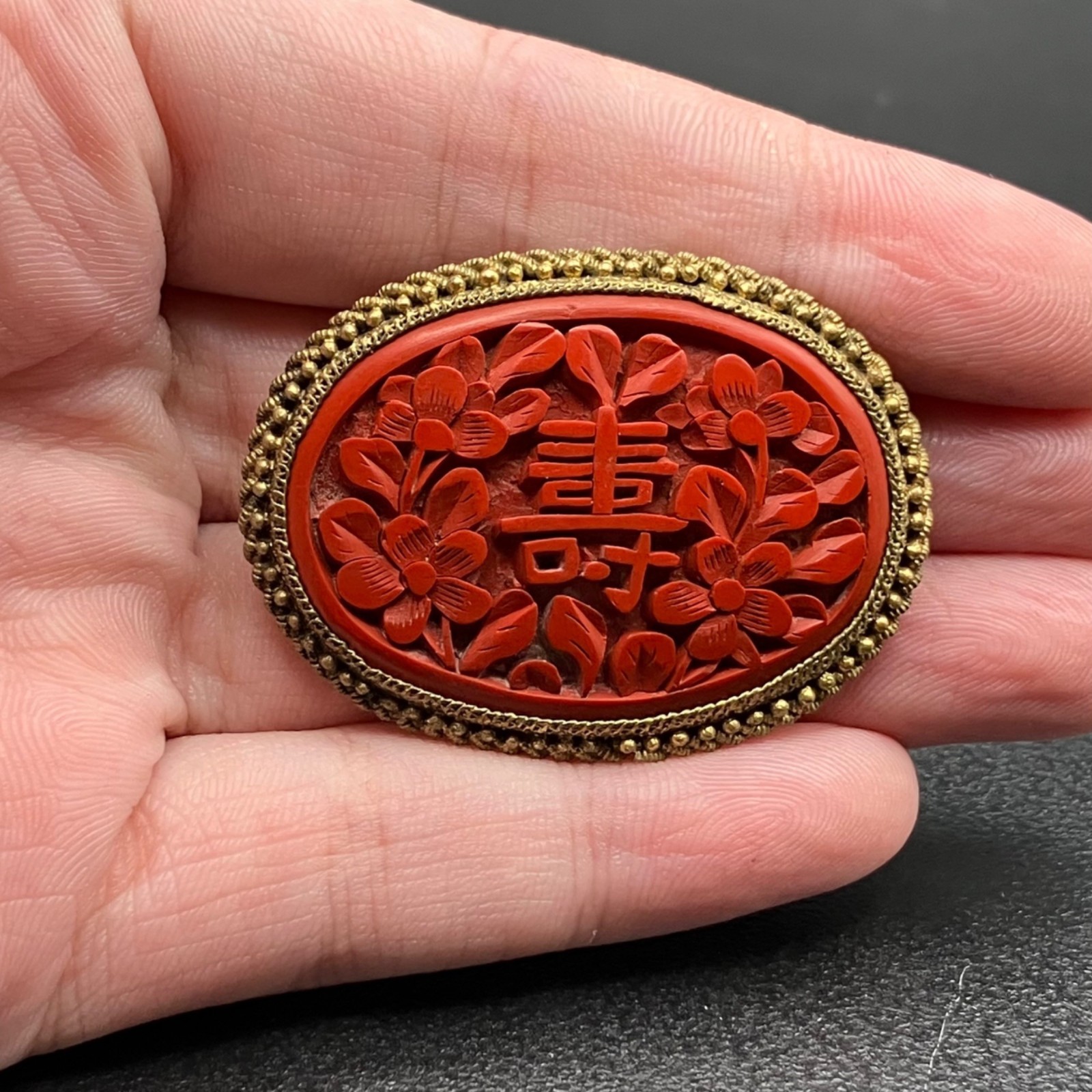 Vintage Chinese Export Cinnabar-Style Floral Shou Brooch Brass Frame