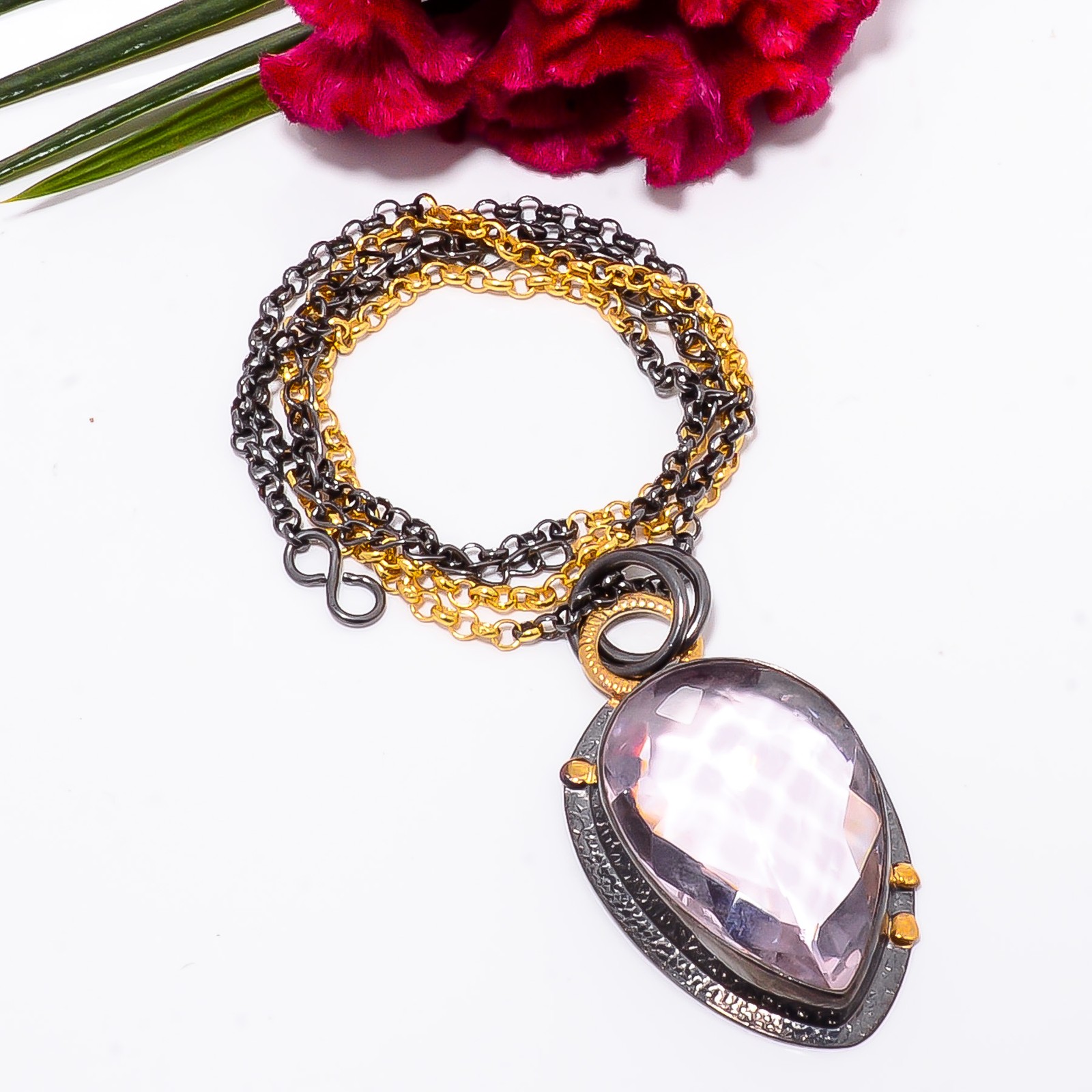 Pink Kunzite Black And Gold Rhodium 925 Sterling Silver Chain Pendant 18-22″ S20