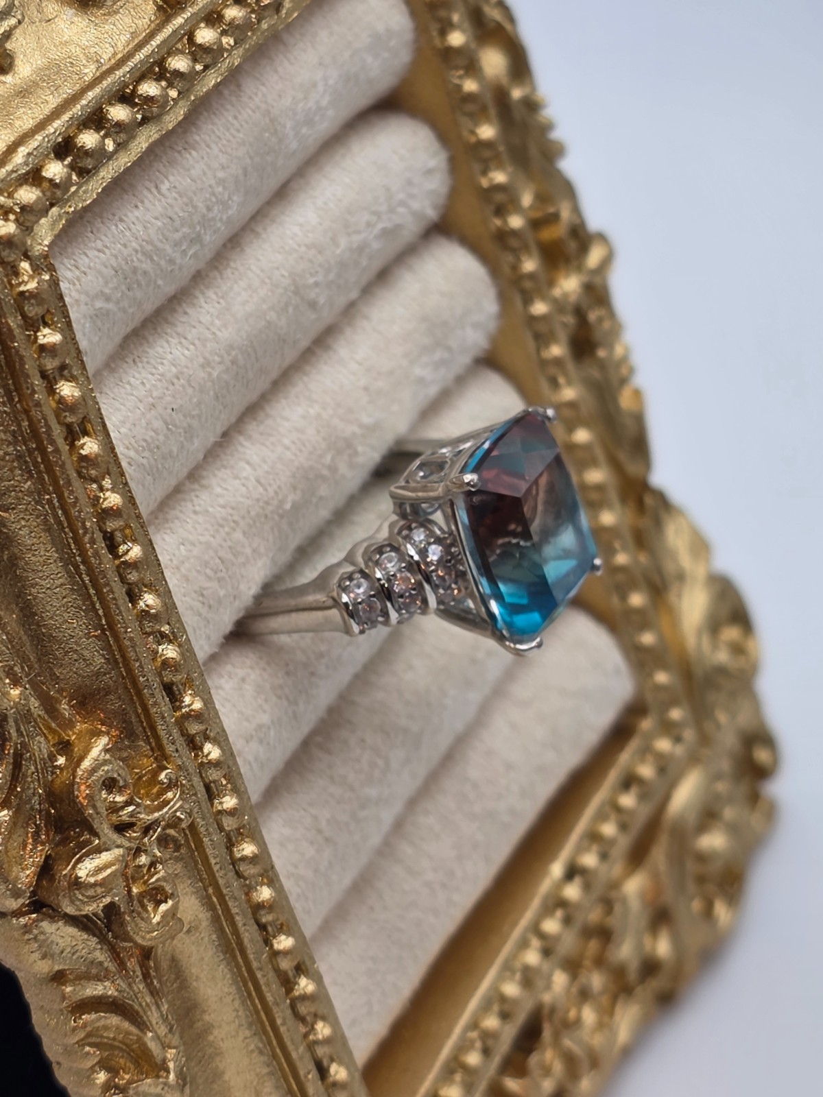6.40ctw Aqua Terra Costa Quartz (Triplet) & Zircon Ring Platinum Plated Size 7