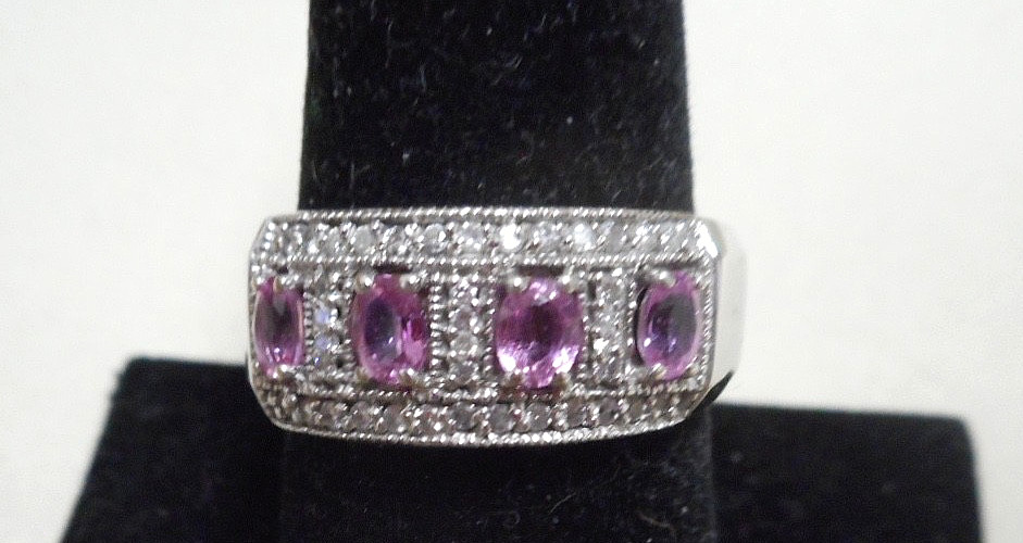 14K White Gold Pink Sapphire and Diamond Pave Band Ring Size 9 6.40 Grams-Vntg
