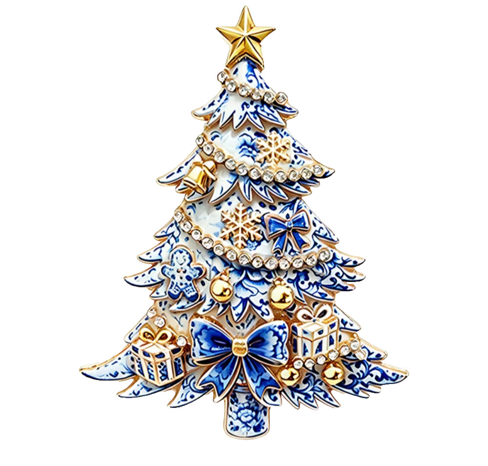 Blue White Christmas Tree Brooch Rhinestone Holiday Pin Gold Tone Jewelry Gift