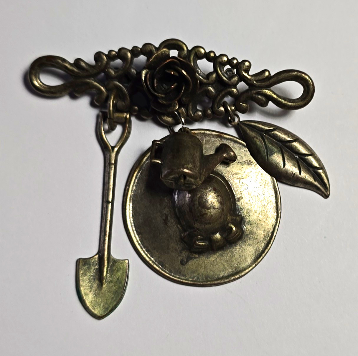 Garden Theme Brooch Pin Silver Tone Metal Dangle Leaf Shovel Round Charm
