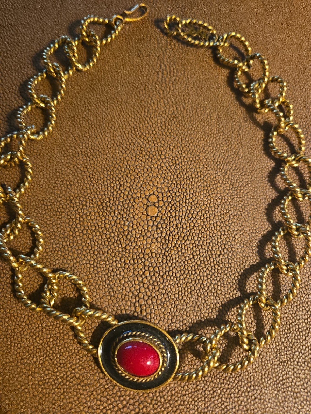 Vintage YSL Yves Saint Laurent Gold Tone Rope Link Red Cabochon Statement…