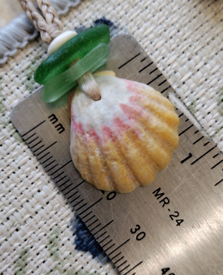 Sunrise Shell & Sea Glass Necklace Braid Beach Aloha Gift Puka Pecten Langfordi