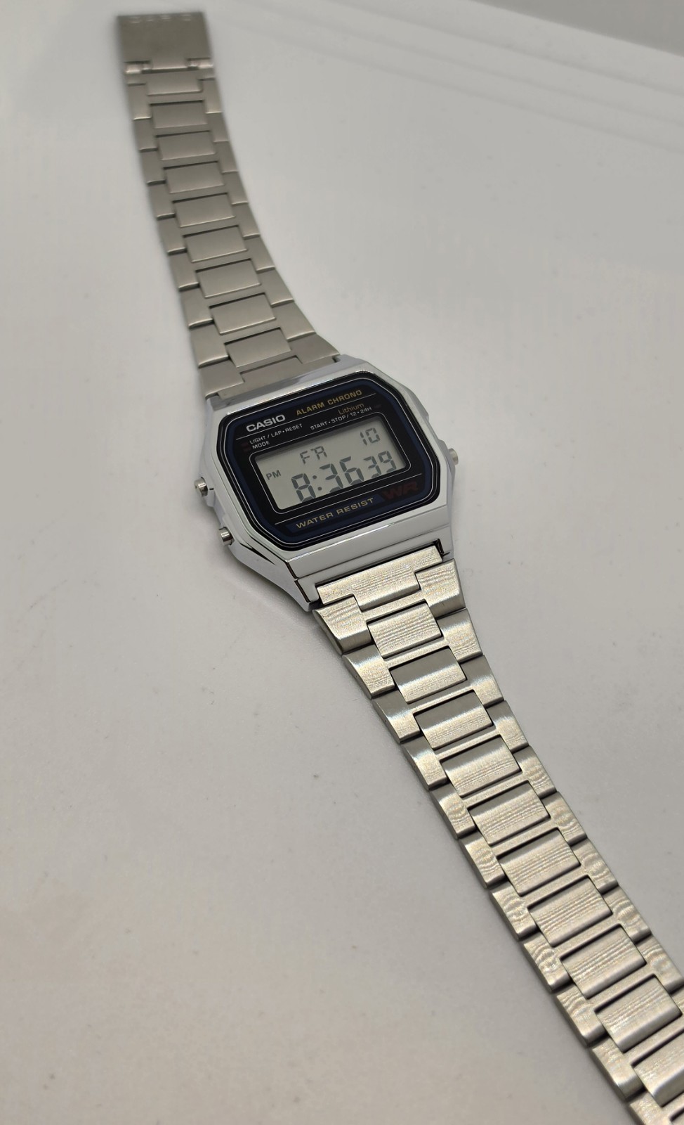 Casio A158W Digital Quartz Alarm Chronograph Silver SS Bracelet 35.4mm