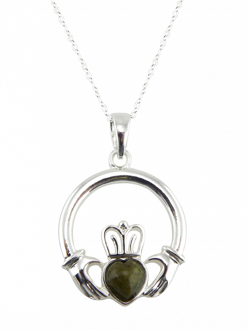 JC Walsh & Sons Claddagh Small Pendant Connemara Marble Silver Plated 18” Chain