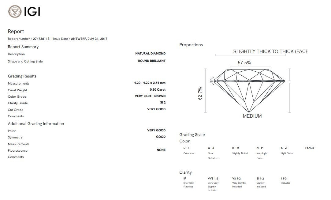 0.30 Ct IGI Certified Natural Very Light Brown/SI Grade Diamond 4 mm Loose Round