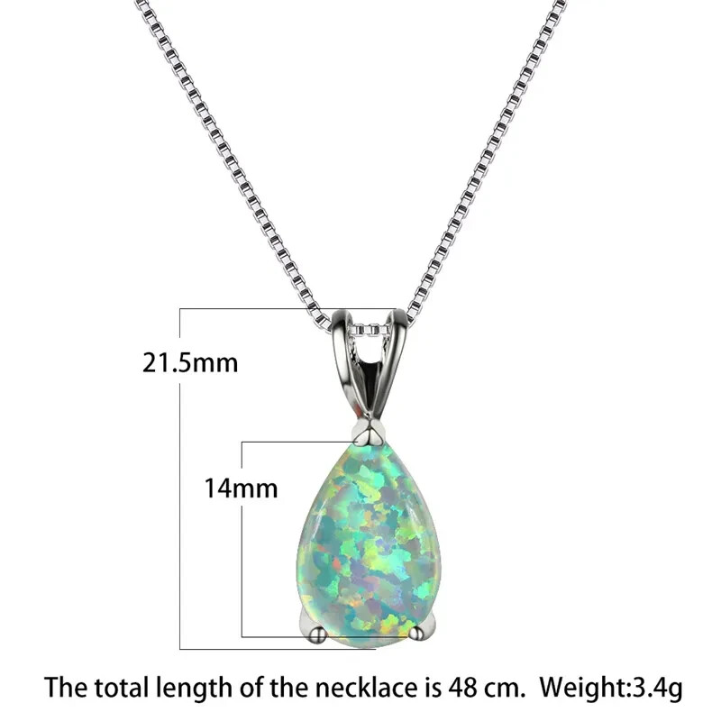 White Opal Stone Pendant Minimalist Droplet Fire Opal Necklace Sterling Silver