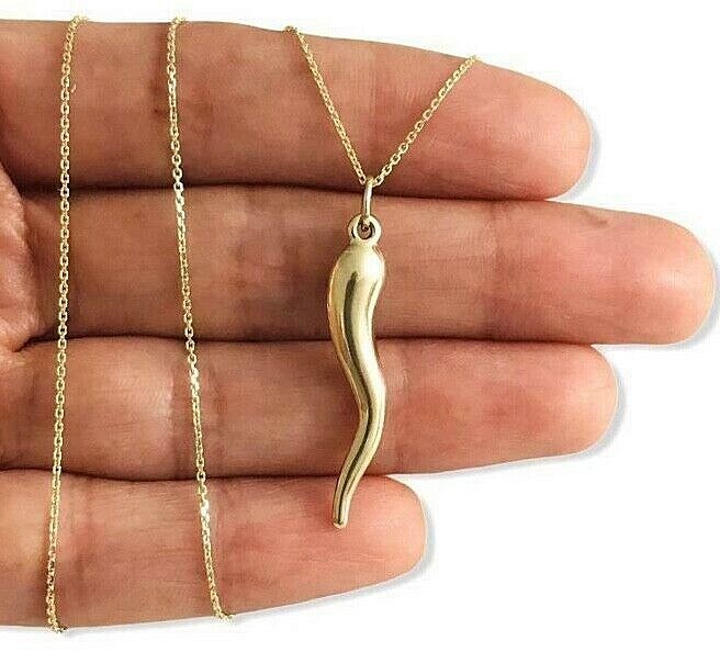 10K Real Gold Italian Horn, Cornicello, Chili 1.3″ Pendant / Necklace – C3041