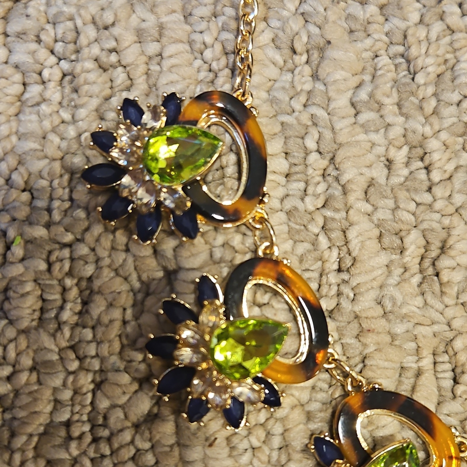 Gold Tone Statement Necklace Green Pear Crystals Blue Accents Flower Charms