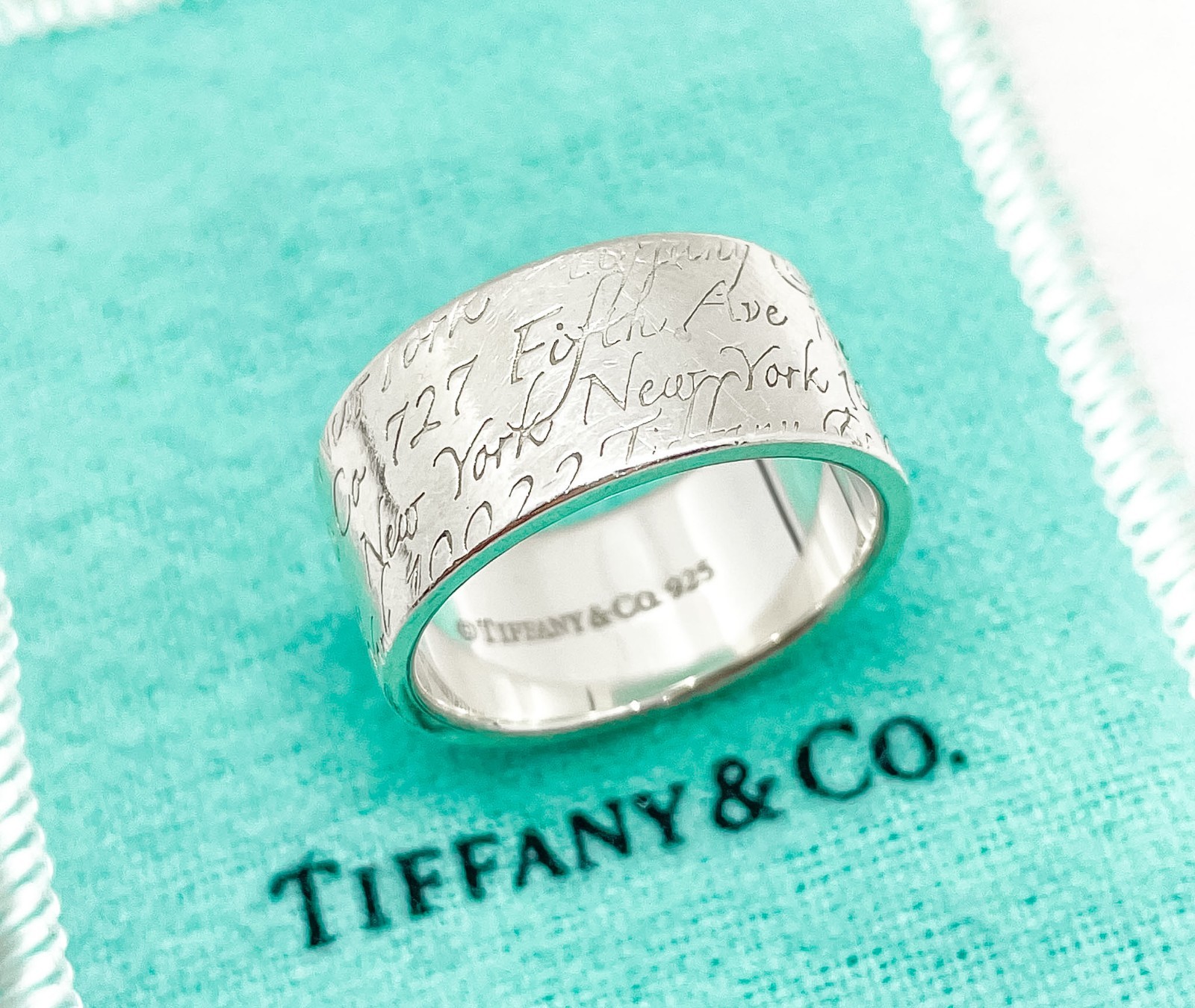 Tiffany & Co. Notes Script Fifth Avenue New York Wide Band Ring Silver Size 8.75