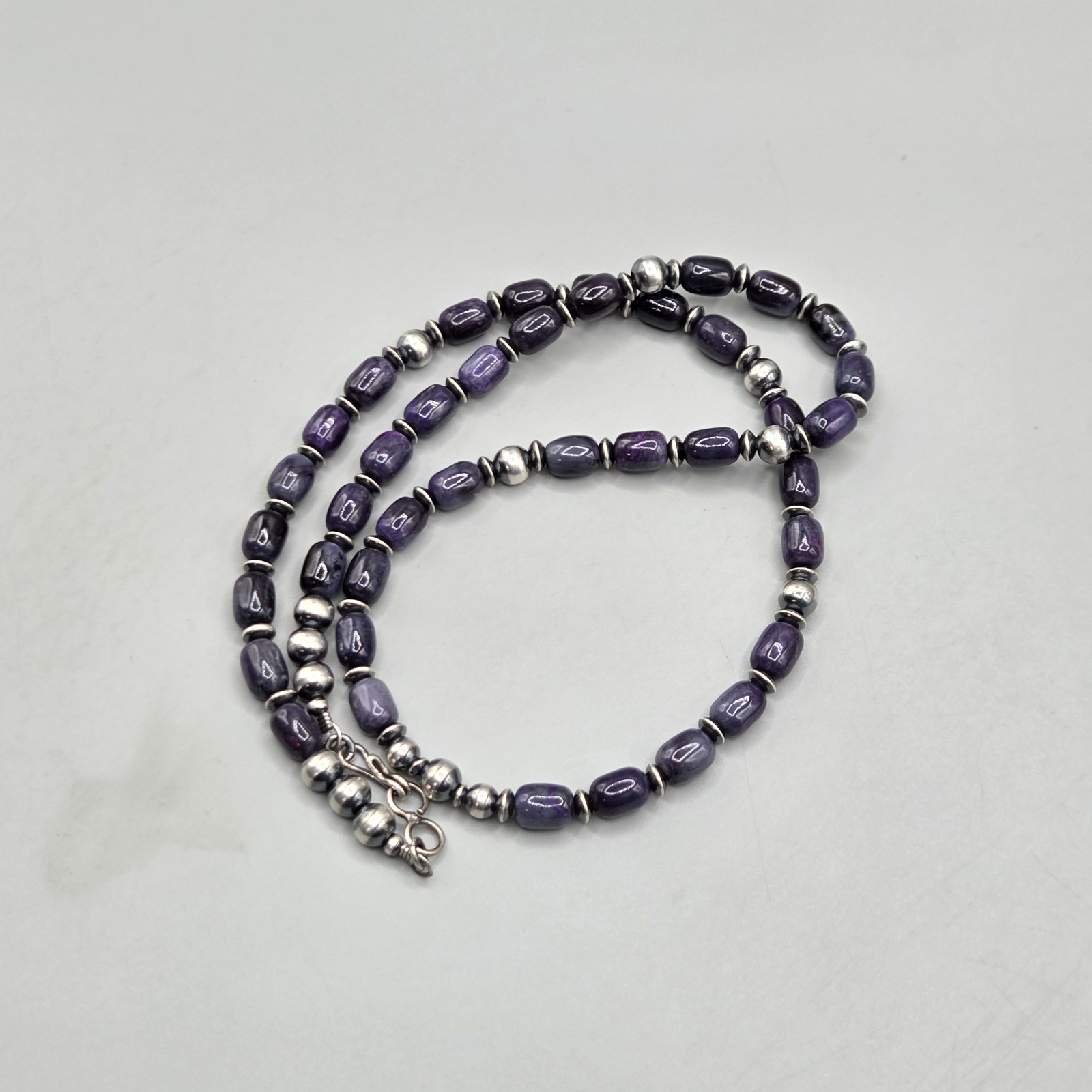 21.5″ Rare Sugilite Sterling Navajo Pearl Necklace Southwest Squash Petite 6+mm