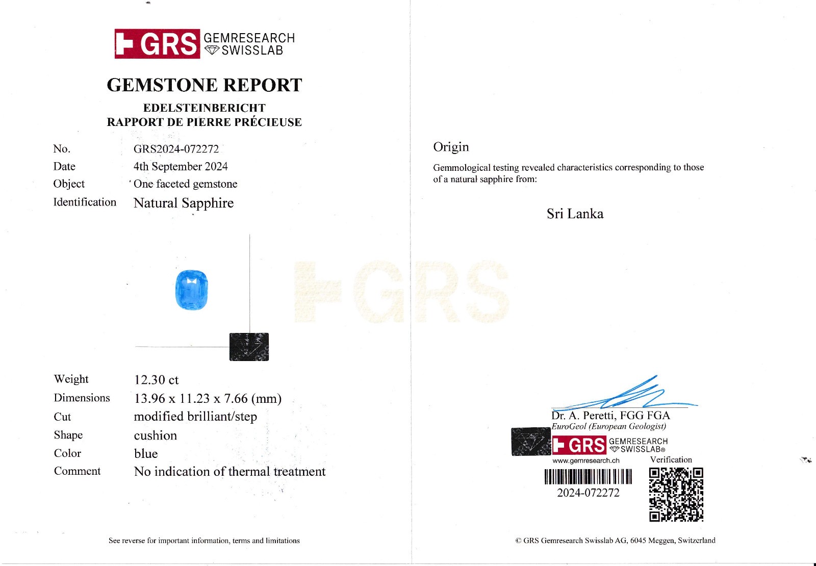 GRS & LOTUS Certified CEYLON Blue Sapphire 12.30 Ct. Natural Unheated CORNFLOWER