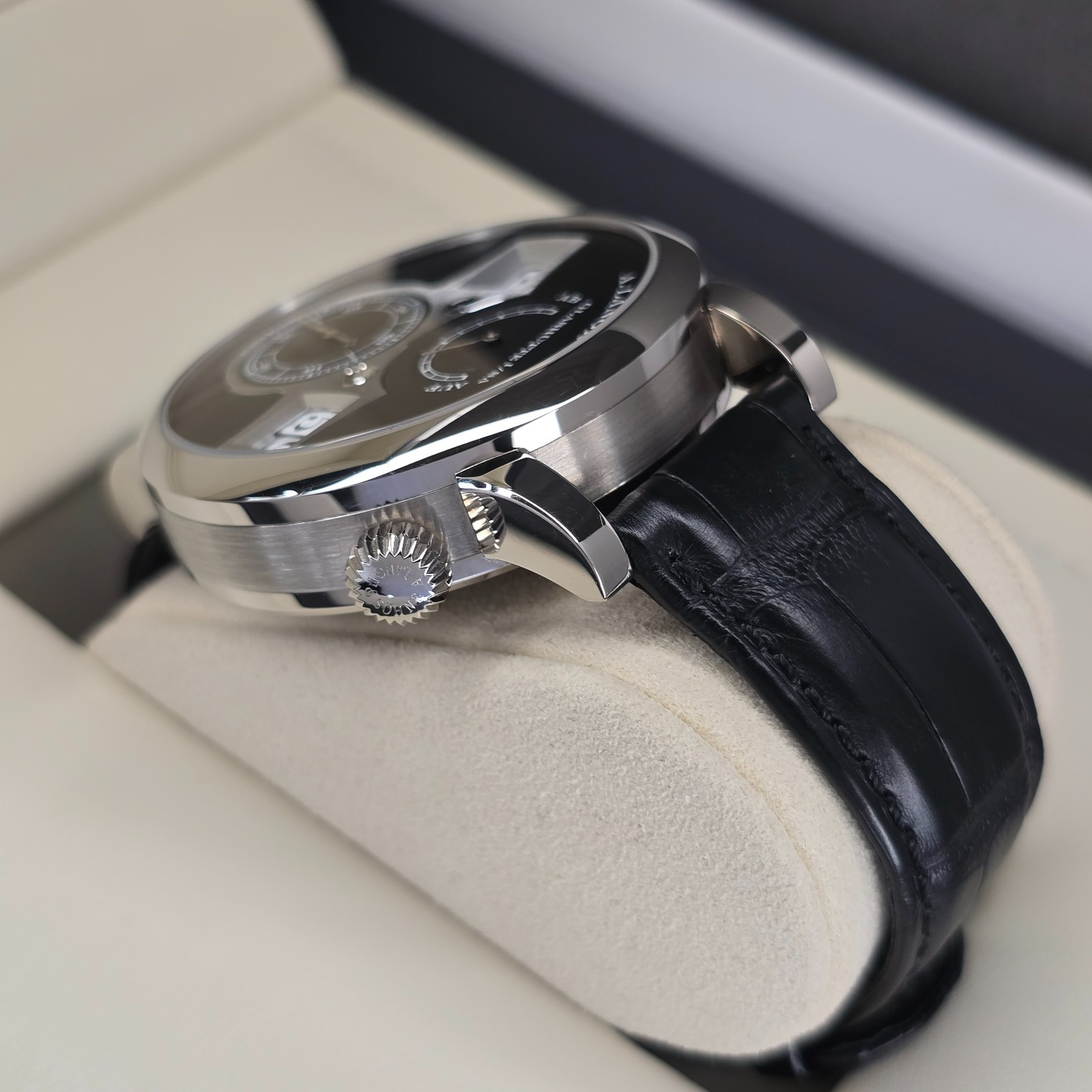 A. LANGE & SOHNE ZEITWERK 140.029 41.9MM 18K WHITE GOLD BLACK DIAL B&P