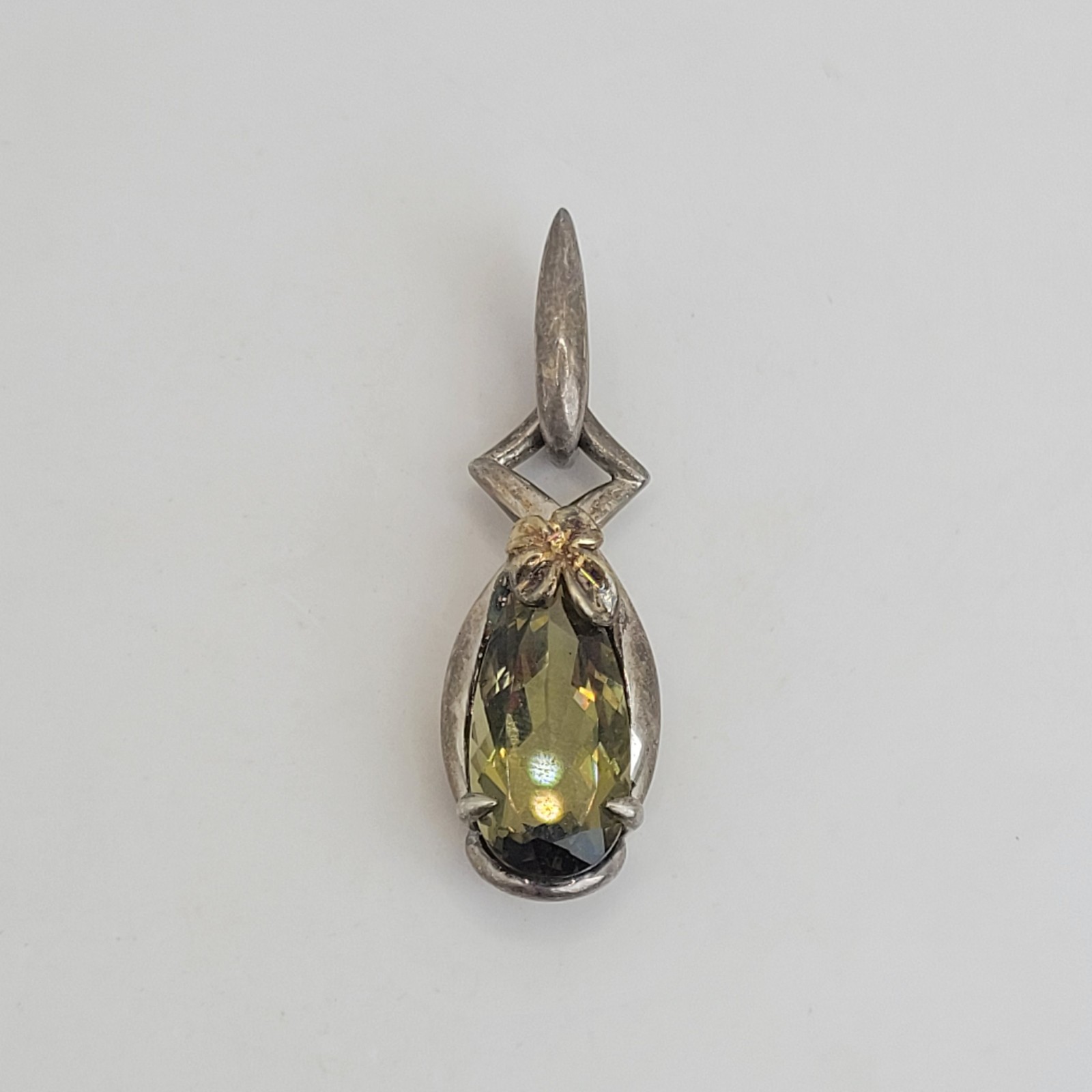 Ann King Vintage Sterling Silver 18K Gold Floral Green Quartz Teardrop Pendant
