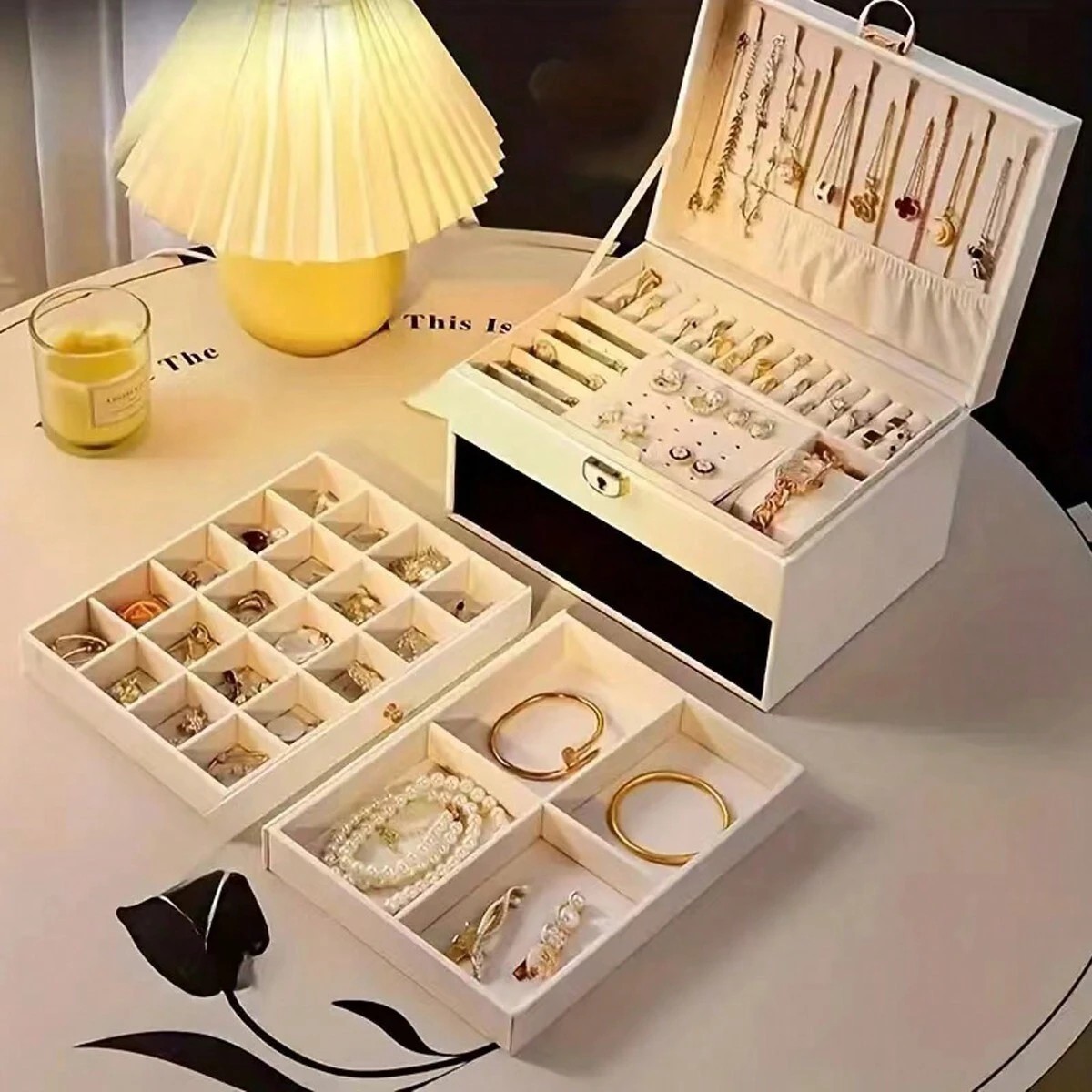 3-Layer PU Leather Jewelry Box with Lock for Rings Watches Necklaces