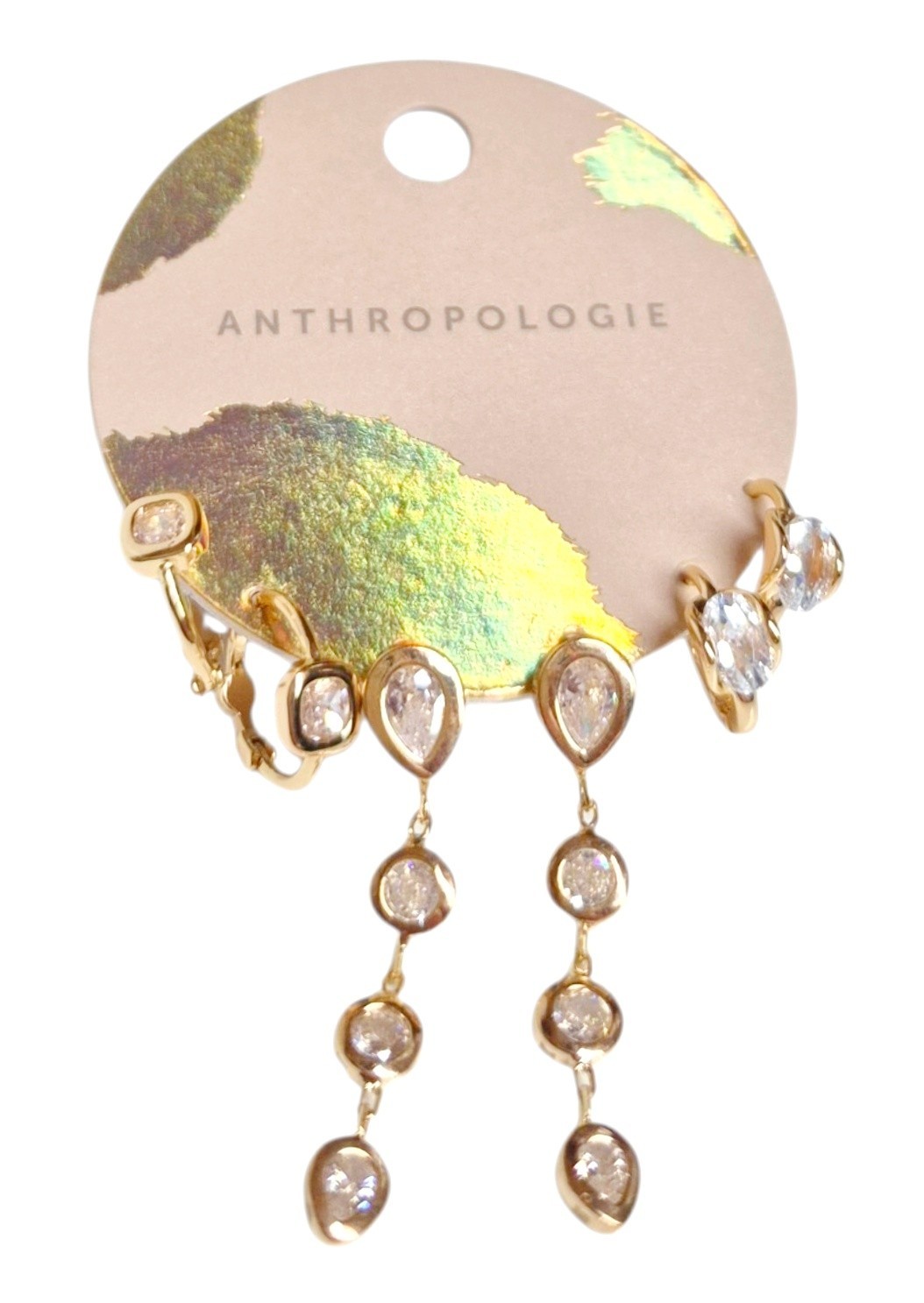 Anthropologie Glitz Crystal Earring Set Cubic Zirconia 14k Gold Plated Brass New