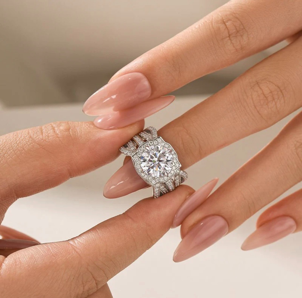 3.0Ct Halo Round Moissanite White Gold Engagement Ring & 1.65Ct Band Set Wedding