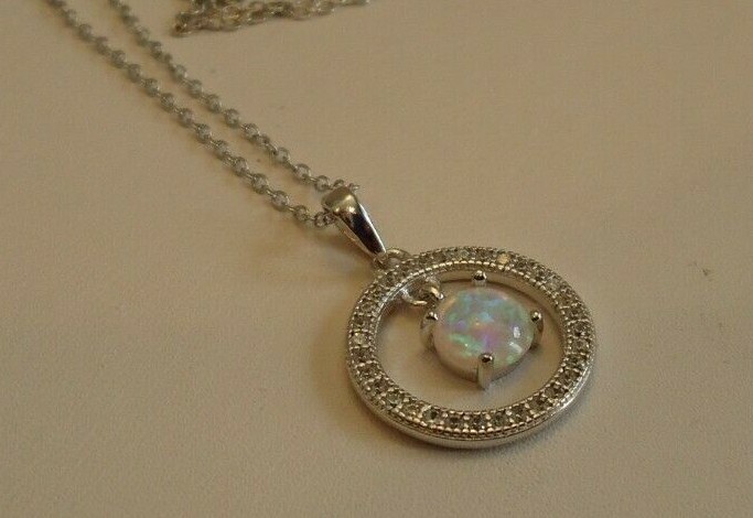 OPEN ROUND CIRCLE NECKLACE PENDANT W/LAB DIAMONDS & OPAL / 925 STERLING SILVER